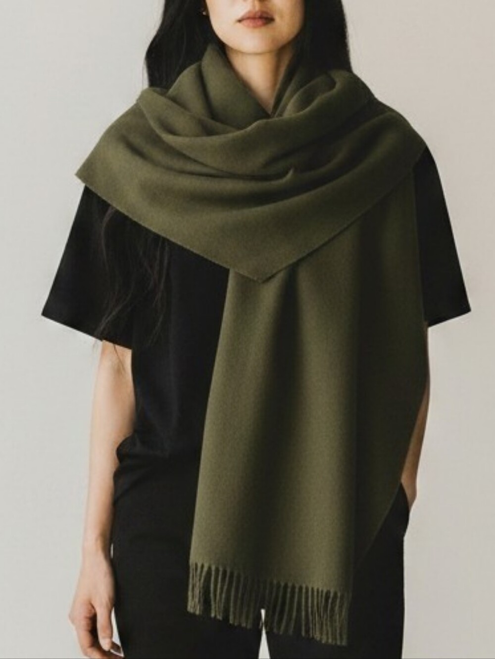 Olive Green Fringe Shawl Scarf